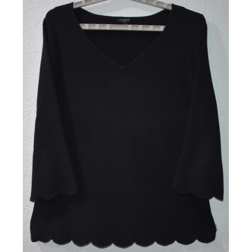 Talbots X Sweater Scallop Trim Solid Stretch VNeck Ribbed Elegant Black Pullover - Picture 10 of 16
